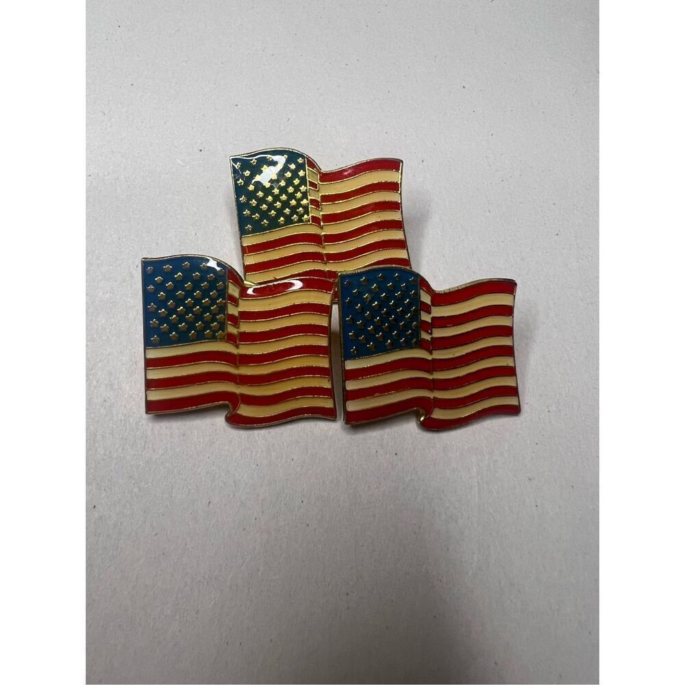 Vintage Lapel Pinback Set of 3 American Flag Enameled Hat Pins Gold Tone USA